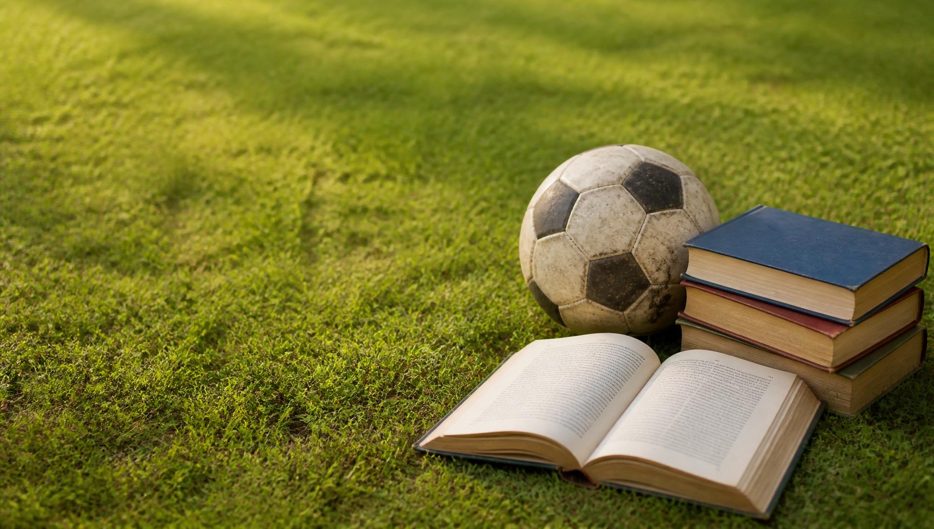 A soccer ball resting beside an open book on grass, representing the balance between academics and athletics